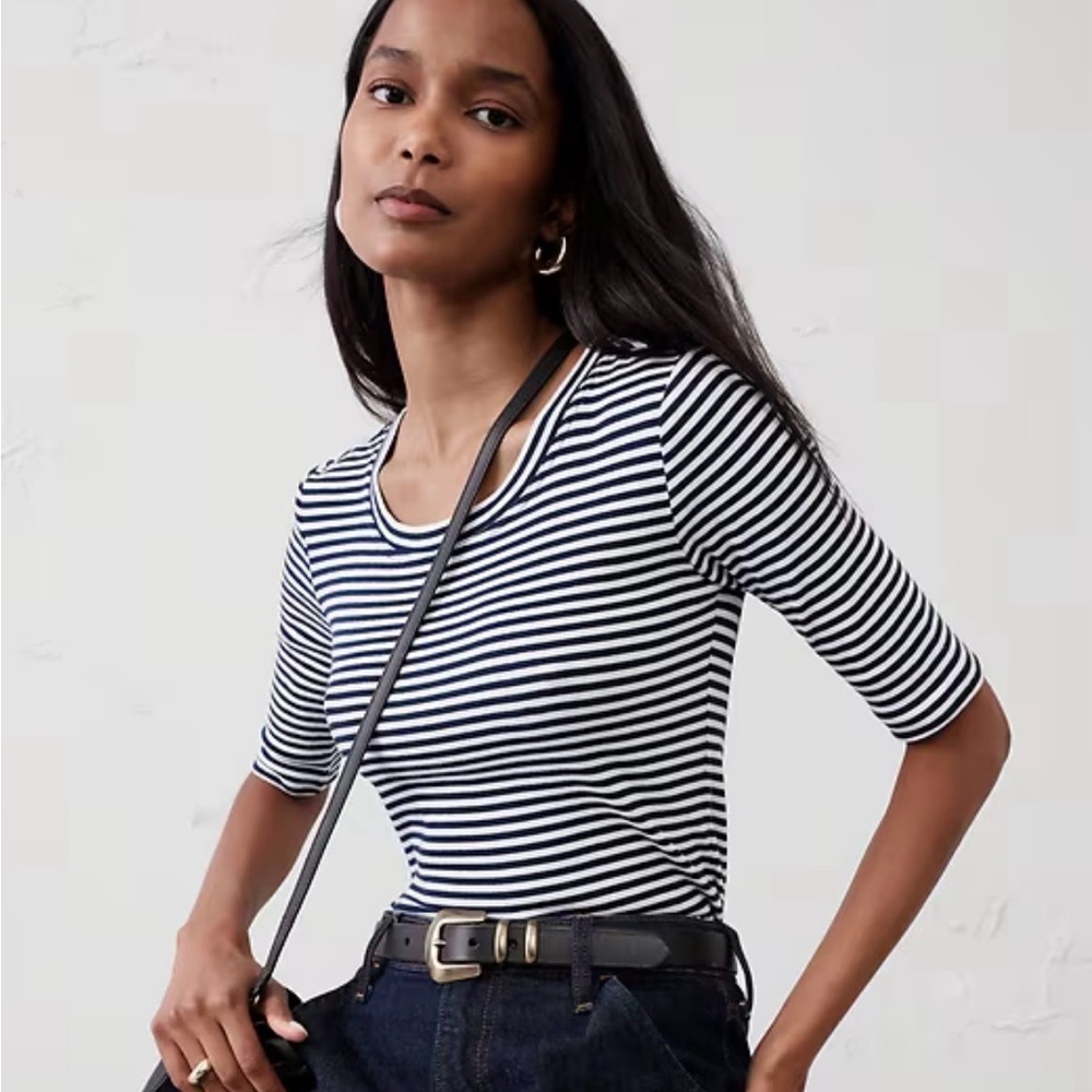 Banana Republic Factory Blue White Striped Ribbed Elbow Sleeve T-Shirt Size L